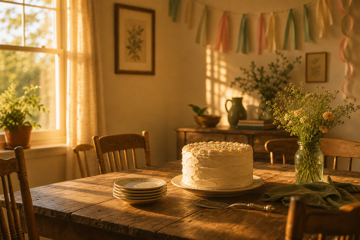 Cozy dining room with birthday cake and floral decor.