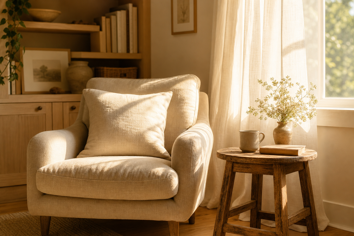 Cozy sunlit reading nook with chair and side table