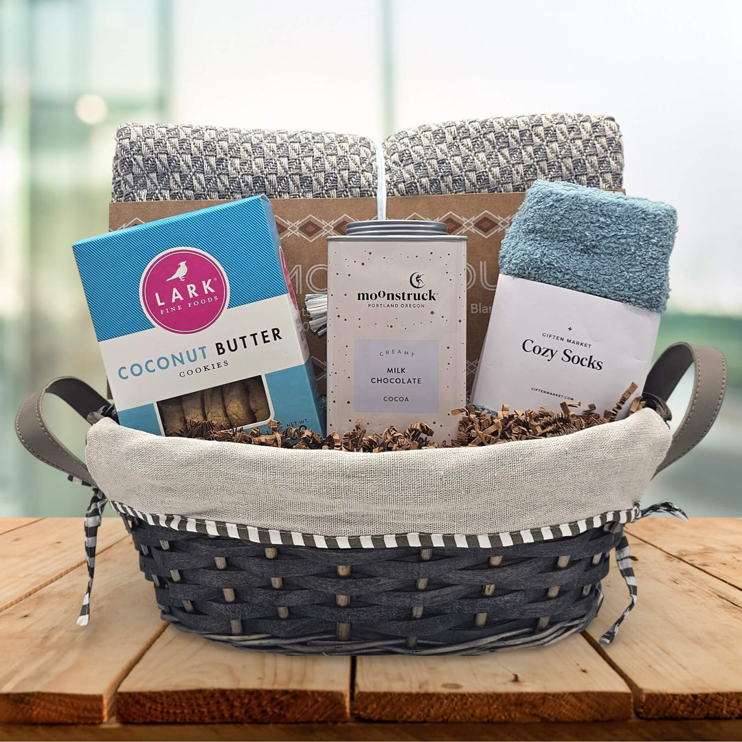Gift basket containing self-care items.