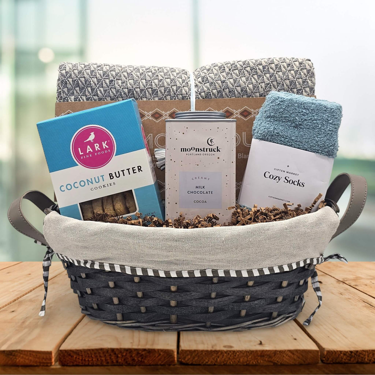 Gift basket containing self-care items.