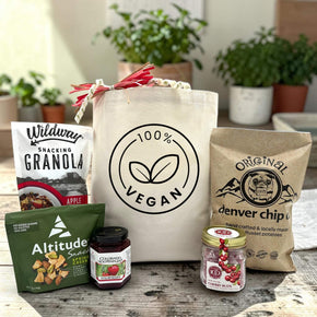 100% vegan gift basket with granola, trailmix, jam, cherry buds and denver potato chips