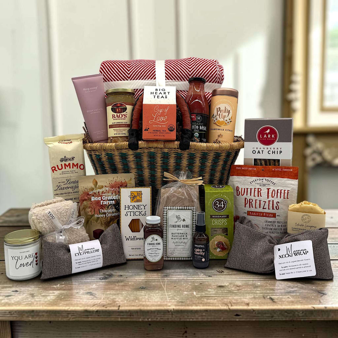 handwoven basket with a variety of food items and snacks