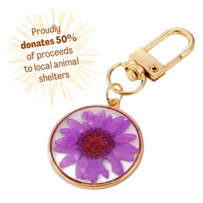 DunaDesigns Hand Crafted 3” Dried Purple Daisy on Gold Key Chain