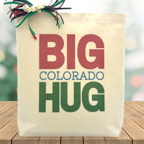 red and green big colorado hug printed on a canvas tote bag
