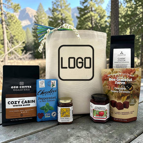 Custom image upload onto a canvas tote bag sit coffee, chocolate bar, hnoey, jam, caramels an cocoa