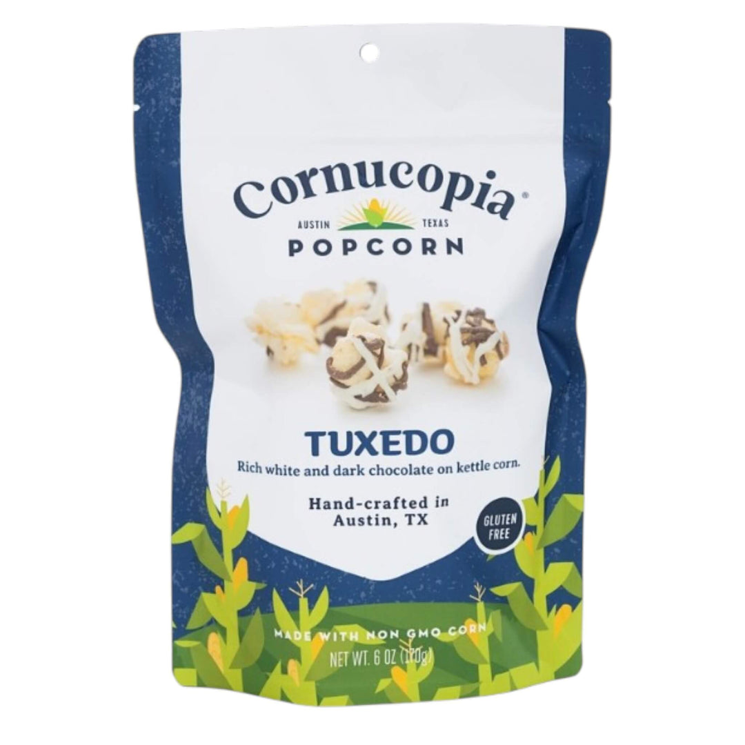 kettle corn drizzled in white and dark chocolate