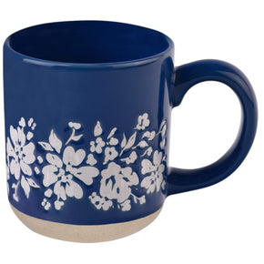 hand crafted stoneware dark blue mug with flowers