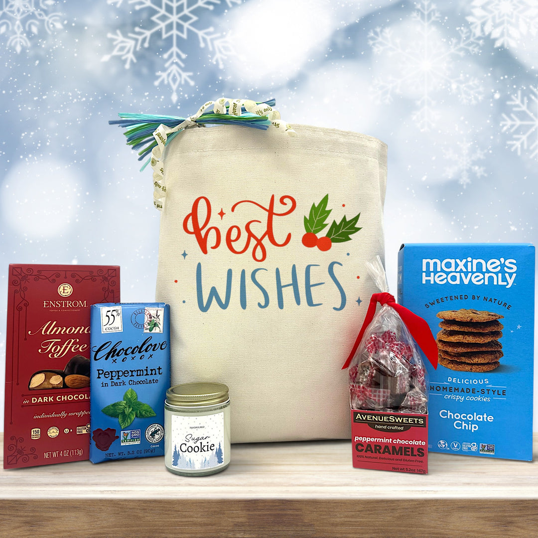 best wishes gift basket with almond toffee, chocolate bar, candle, peppermint caramels and cookies