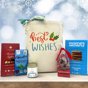 best wishes gift basket with almond toffee, chocolate bar, candle, peppermint caramels and cookies