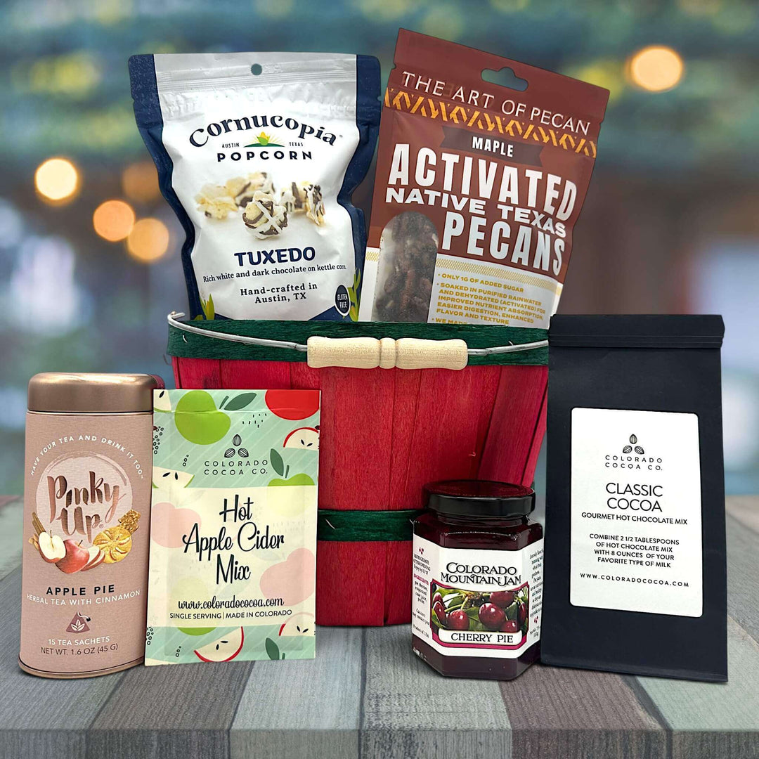 holiday bushel with popcorn, pecans, tea, apple cidar mix, jam and cocoa