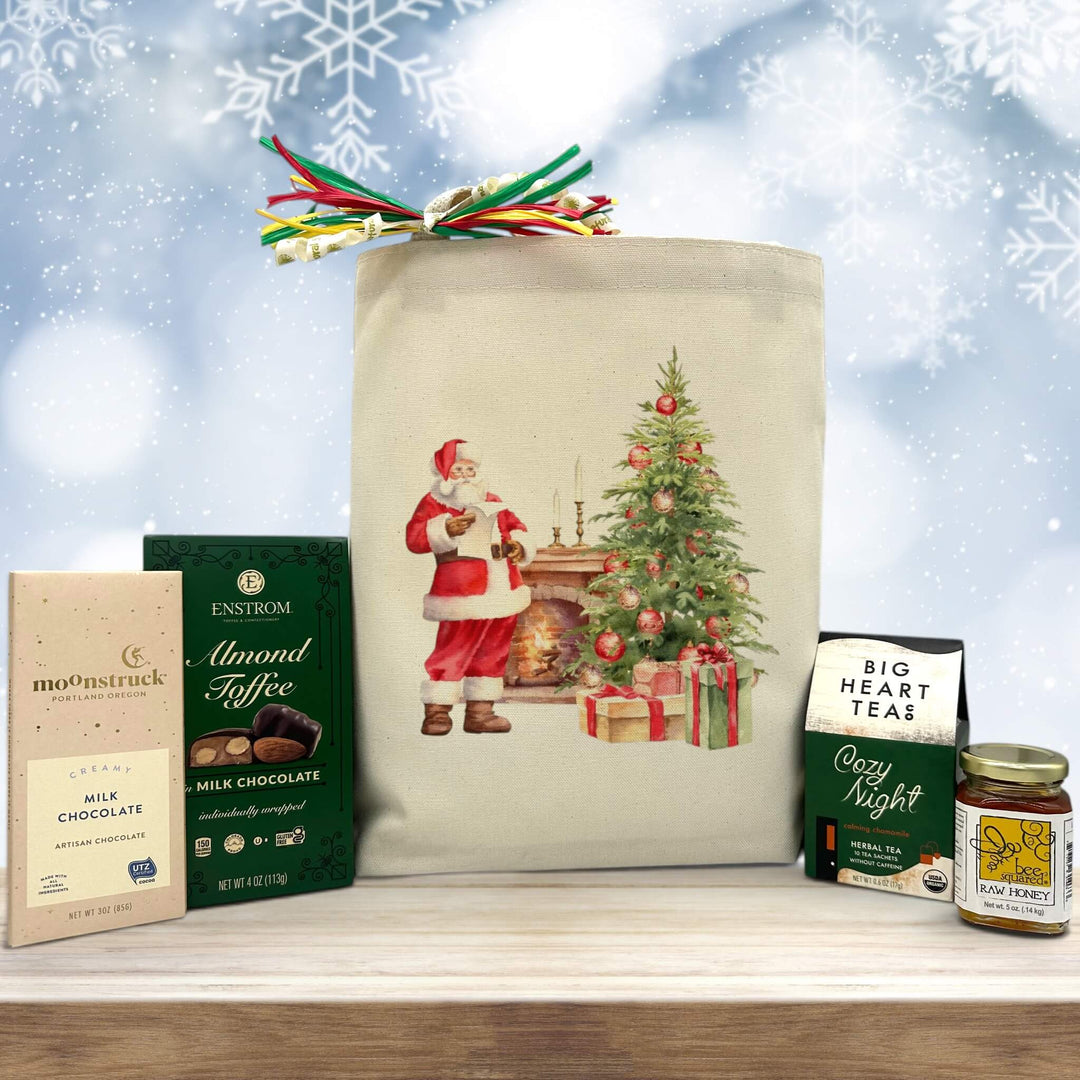 Gourmet Holiday gift basket with chocolate bar, almond toffee, tea and honey