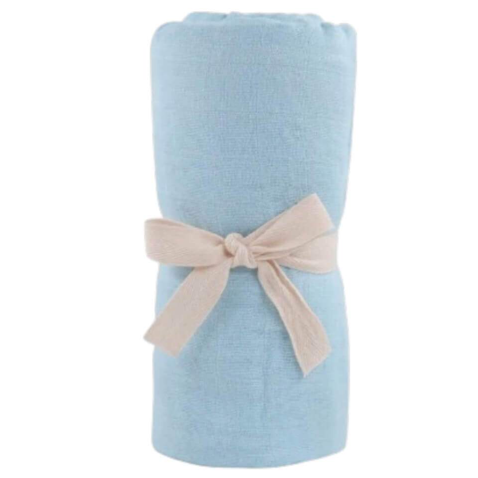 baby blanket in blue wrapped in ribbon