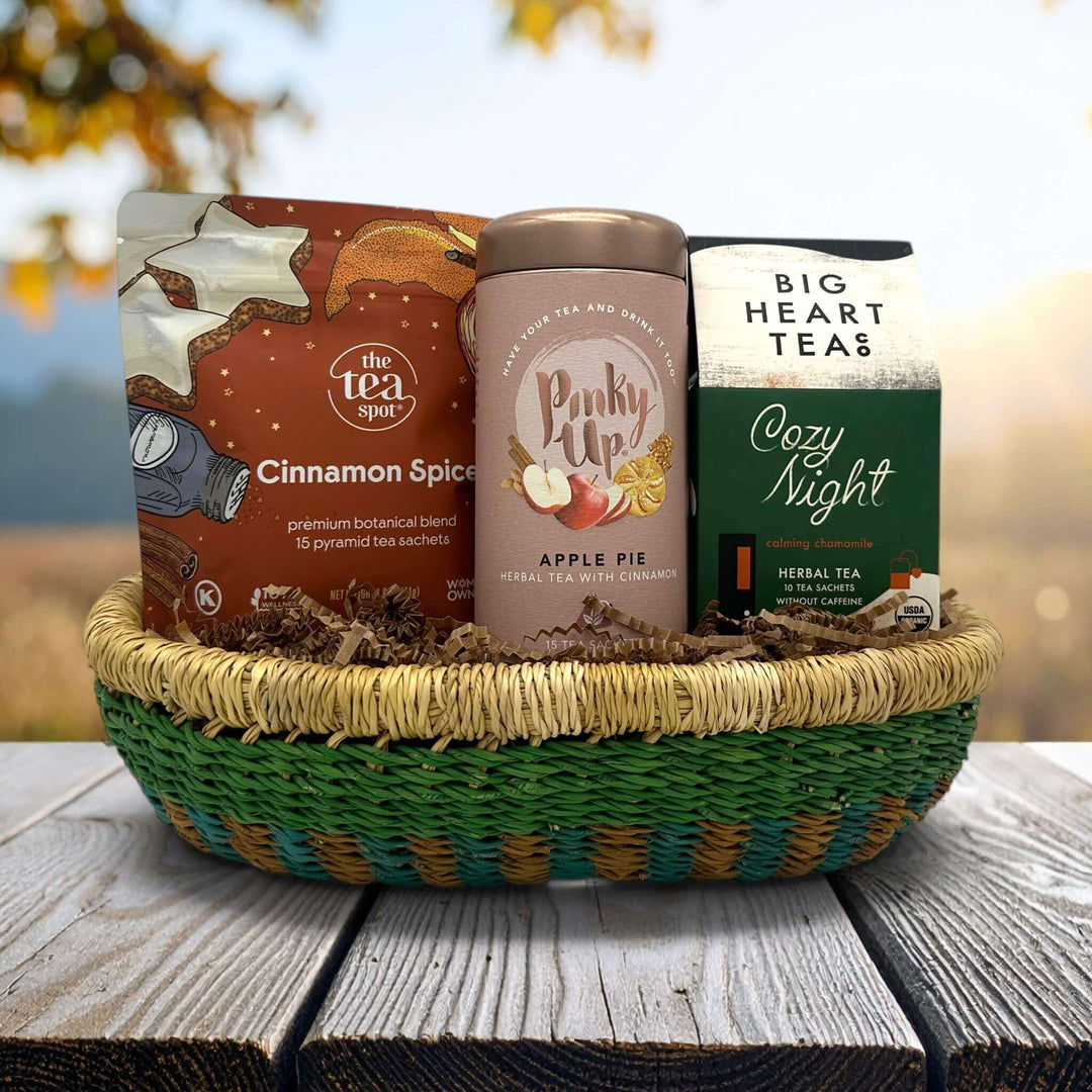handwoven small tray with 3 different types of tea
