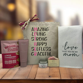 amazing mother tote bag with cookies, lotion, candle, soap and mom towel