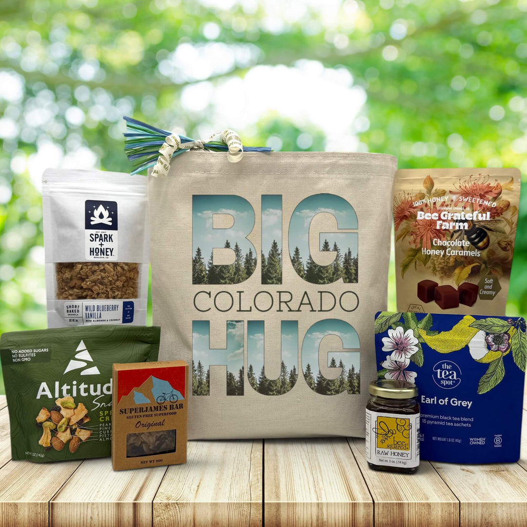 treeline themed big colorado hug with granola, trail mix, bar, honey, tea and caramels