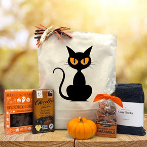 Cat halloween gift basket with cookies, chocolate bar, knit pumpkin, caramels and socks