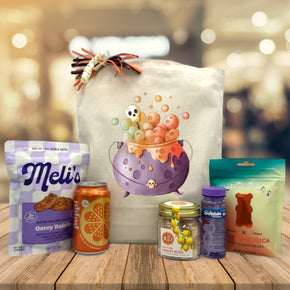 halloween gift basket with cookies, poppi, lemon buds, bubbles and gummy bears