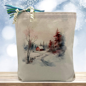 colorado winter themed cozy cabin image printed on a canvas tote bag sitting on a table