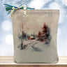 colorado winter themed cozy cabin image printed on a canvas tote bag sitting on a table