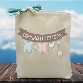 congratulations banner with baby clothes printed on tote bag with 