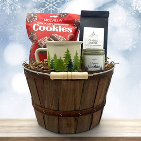 apple bushel with cookies, cocoa, a tree mug and a sugar cookie candle
