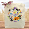 Happy halloween with cats, bats, hats, pumpkins, spiders and skeleton head printed on a canvas tote bag