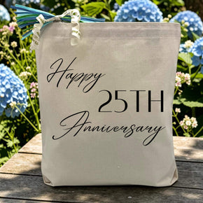 happy 25th anniversary where you are can change the number printed on a canvas tote bag