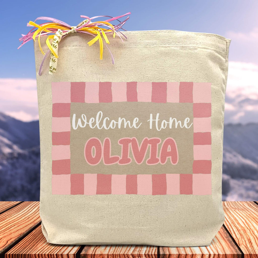 Welcome home (add custom name here) on pink banner