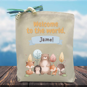 welcome to the world with custom name printed on tote bag with cartoon wild animals