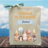 welcome to the world with custom name printed on tote bag with cartoon wild animals