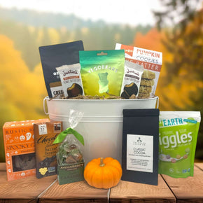 Halloween deluxe basket with coffee, cocoa, cookies, chocolates, candies, caramels, knit pumpkin and more