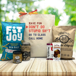 have fun don't do stupid Sh*t go to class call your mom printed on canvas tote bag with snacks