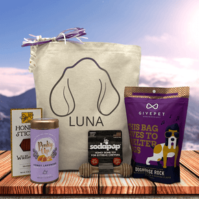 Dog gift set with personalized canvas bag with floppy ears, with honey sticks, lavender tea, dog chew toy, and dog treats