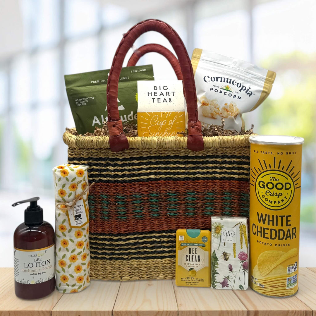medium market basket filled with snacks sitting on a table