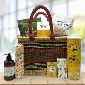 medium market basket filled with snacks sitting on a table
