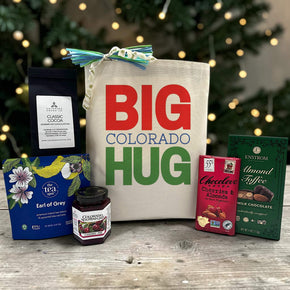 Gourmet colorado holiday gift with cocoa, tea, jam, chocolate bar, and almond toffee