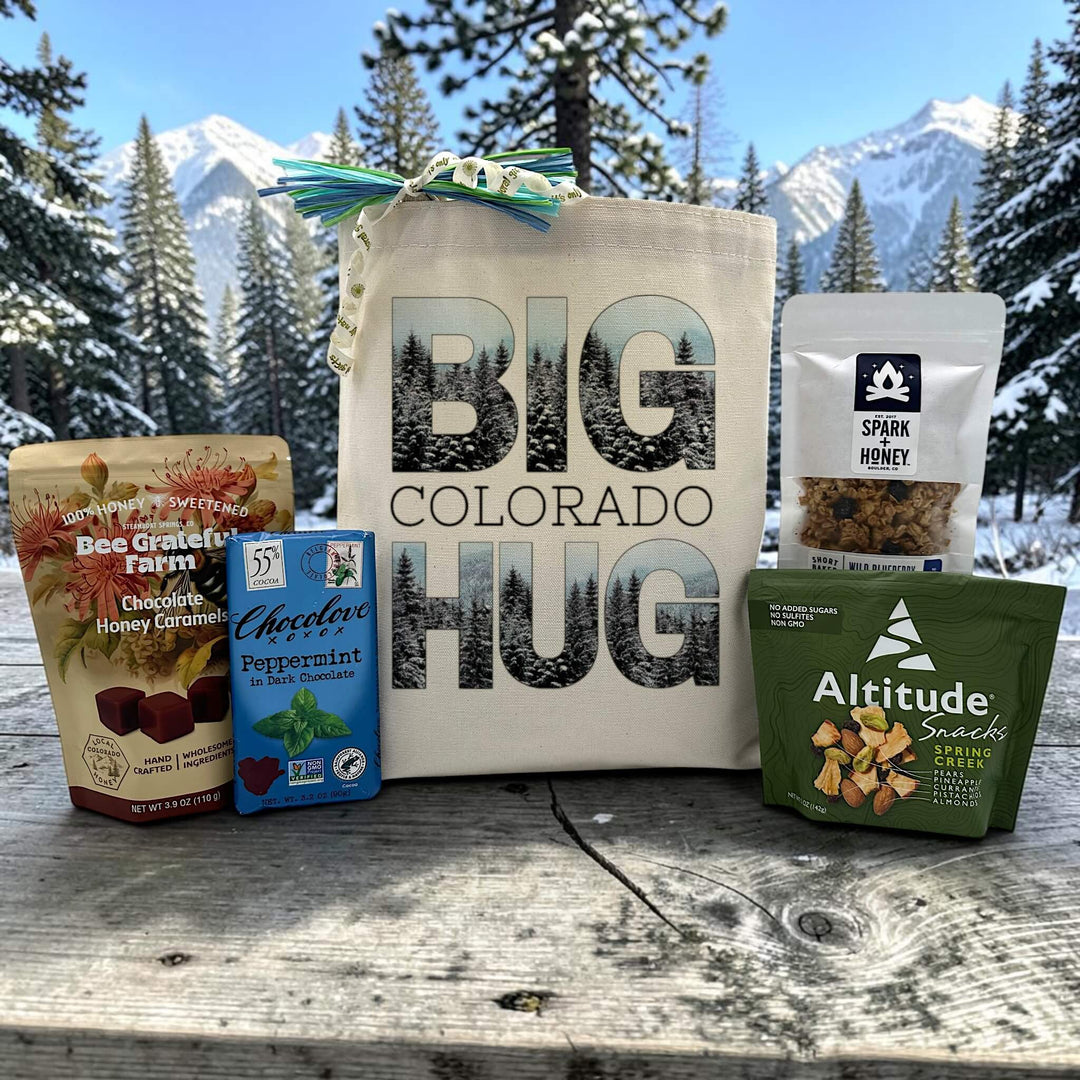 gourmet winter colorado gift with caramels, chocolate bar, trail mix and granola