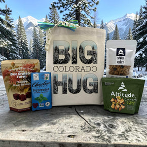 gourmet winter colorado gift with caramels, chocolate bar, trail mix and granola