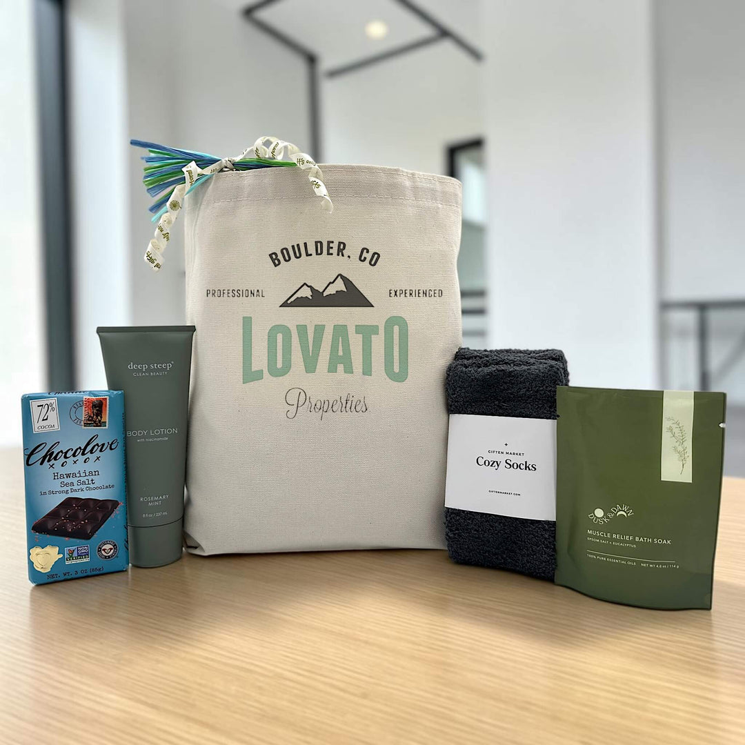 spa themed gift with chocolate, lotion, socks and bath salts