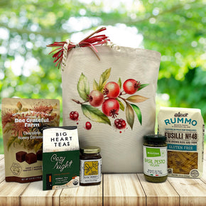 gourmet holiday gift basket with caramels, ctea, honey, pesto and pasta