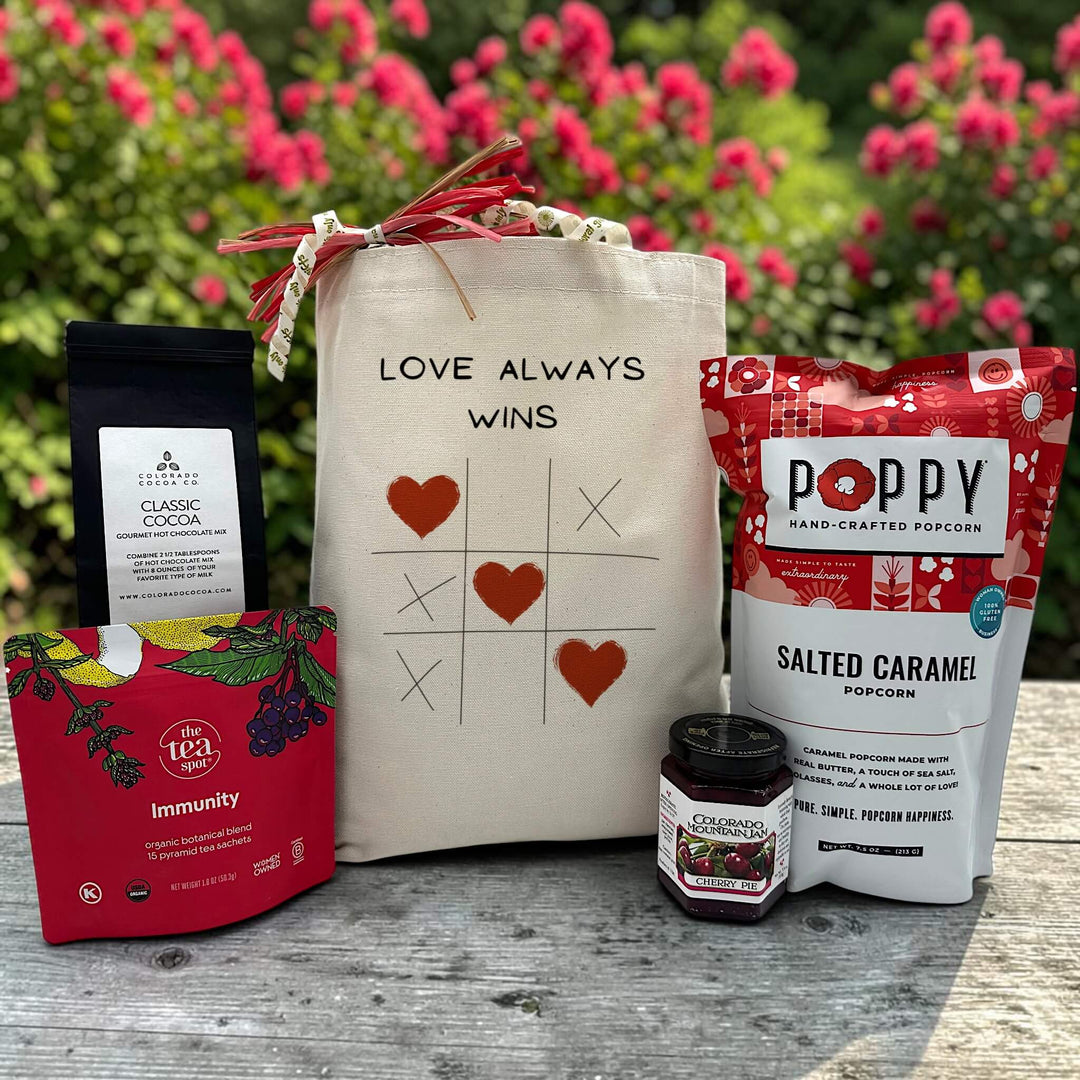 valentine gift with cocoa, tea, jam and salted caramel popcorn