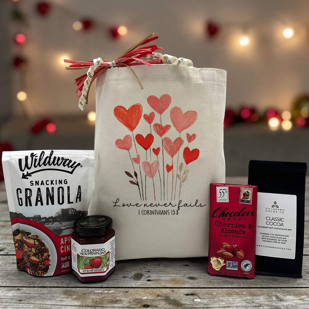 valentines gift with granola, jam, chocolate bar, and cocoa