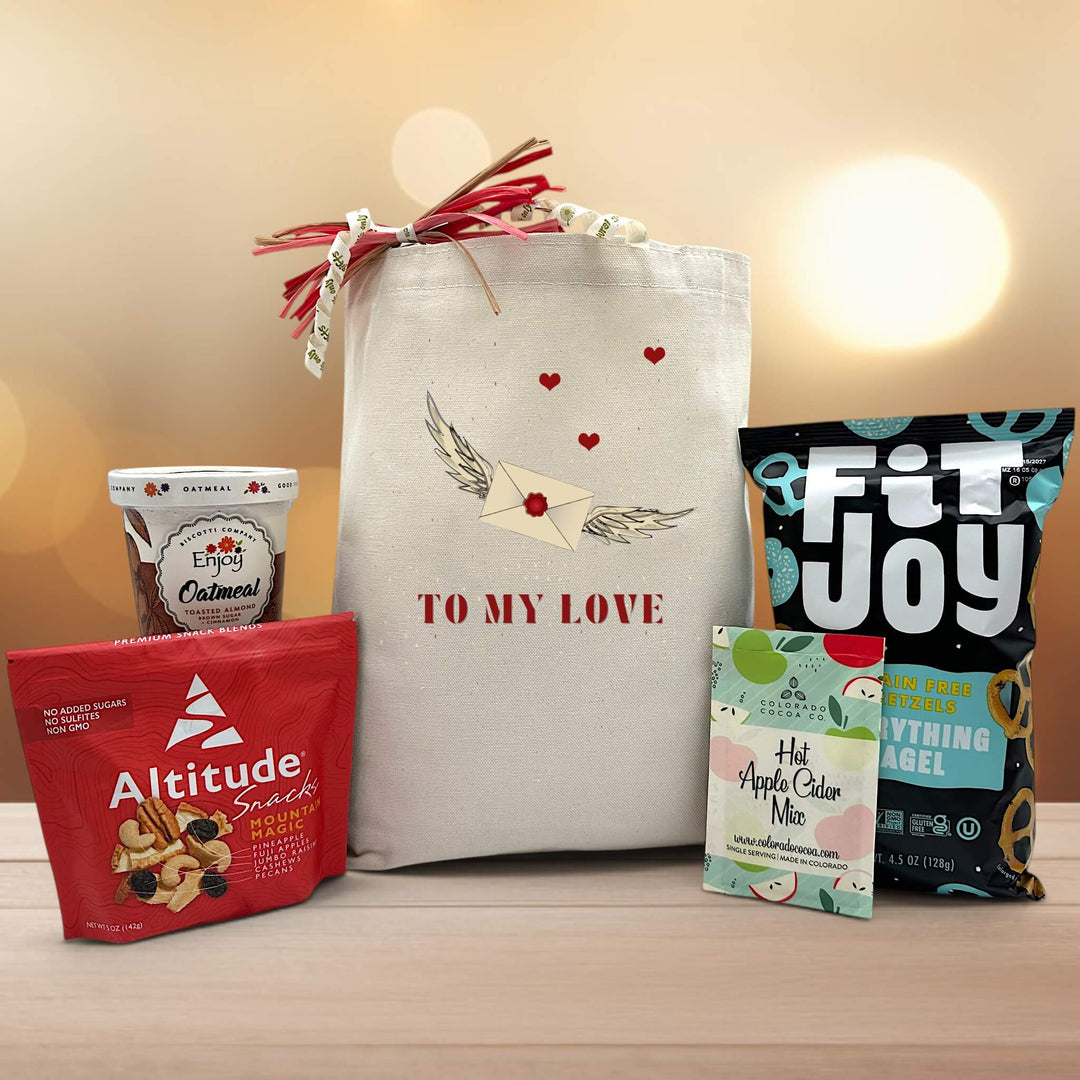 valentine gift with oatmeal, trail mix, apple cider mix and pretzels