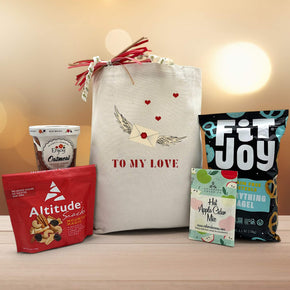 valentine gift with oatmeal, trail mix, apple cider mix and pretzels