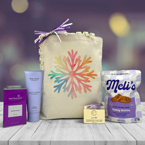 gourmet winter gift basket with cocoa, lotion, soap and cookies