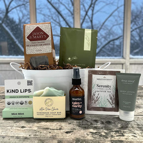 Gourmet spa gift basket with caramels, bath salts, chaptstick, soap, lotion, and more