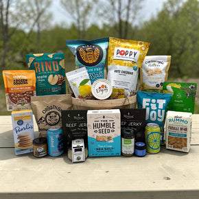 half bushel filled with all gluten free snacks, chips, popcorn, jerky, pasta, and more