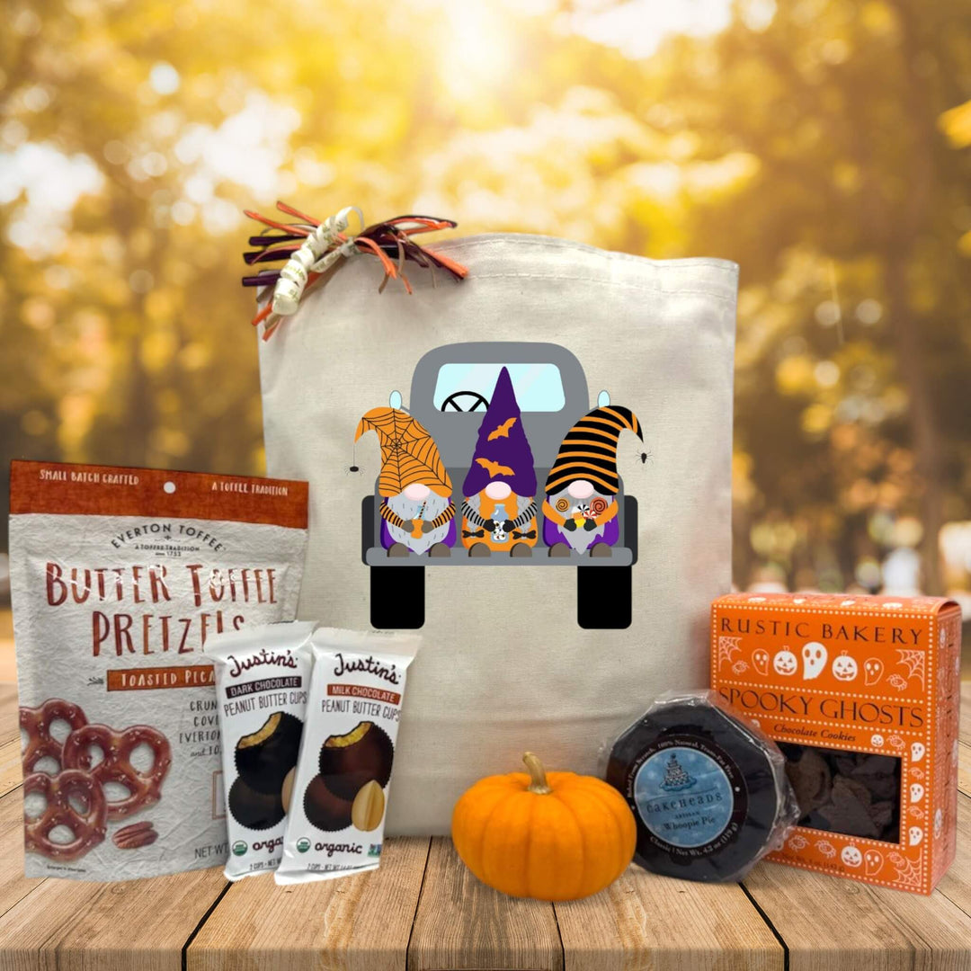 halloween gift basket with toffee pretzels, 2 justins peanut butter bars, knit pump, whoopie pie and cookies