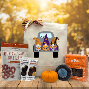 halloween gift basket with toffee pretzels, 2 justins peanut butter bars, knit pump, whoopie pie and cookies