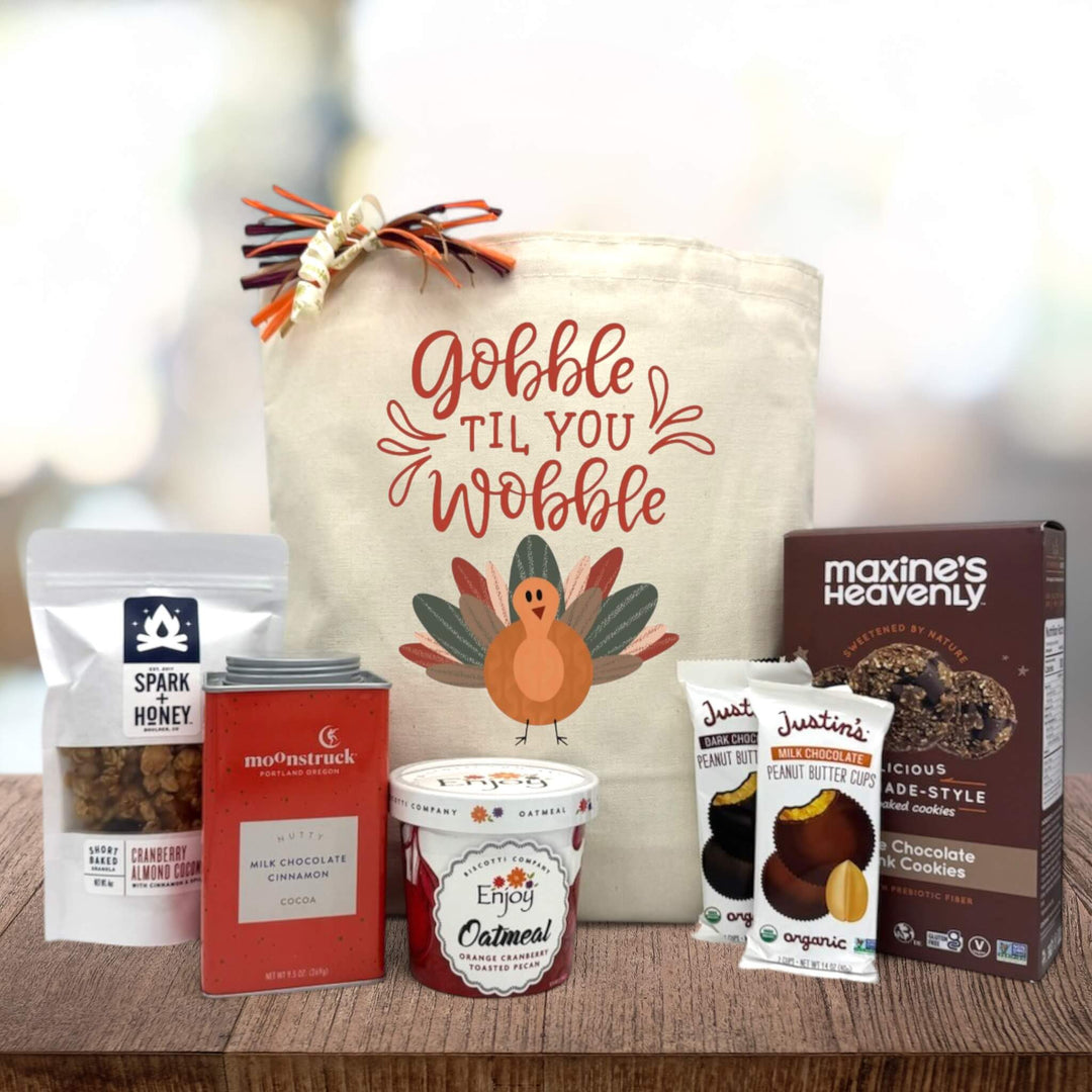 Gourmet thanksgiving basket with granola, cocoa, oatmeal, justins peanut butter cups, and cookies